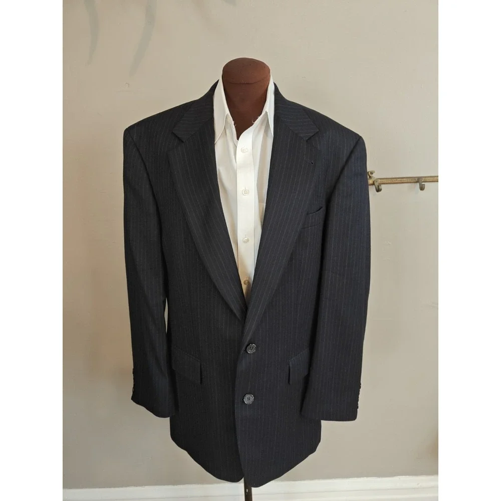 Oscar De La Renta 42L Midnight Blue Stripe Wool Blazer 2 Button Sport Coat H804